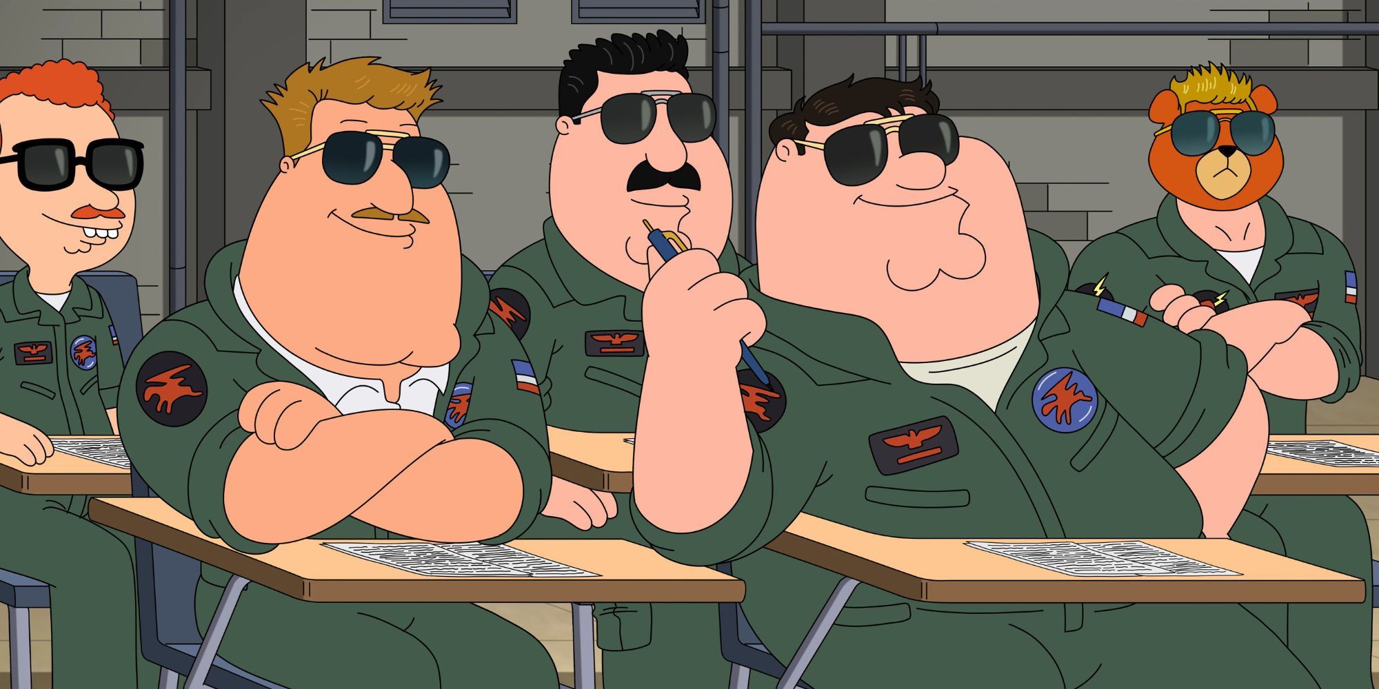 Peter sitting at a school desk next to Joe with Norm, Dr. Hartman, and Rupert sitting in desks behind them in Family Guy episode Fat Gun