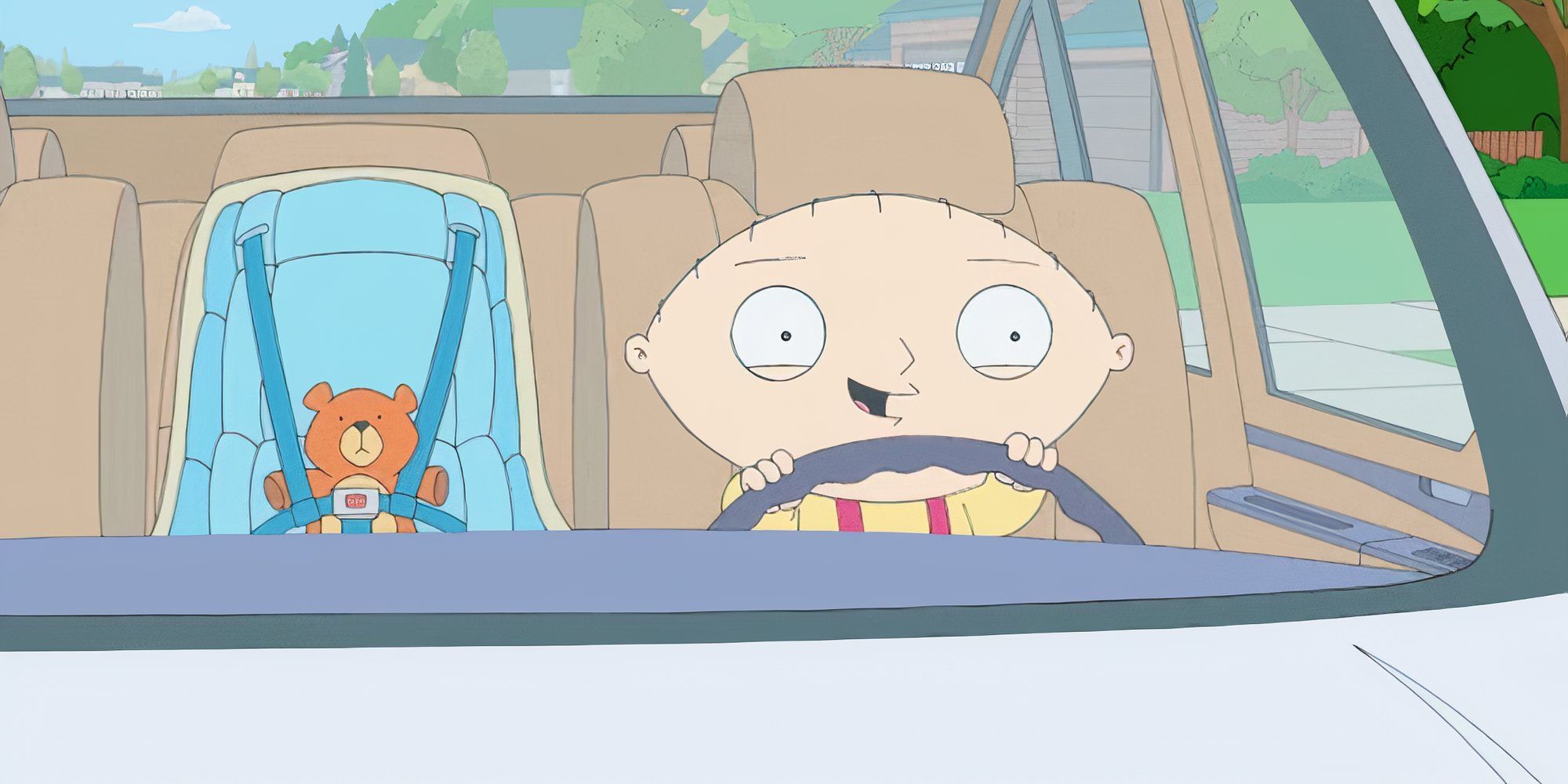 Stewie sitting behind the wheel of a car with Rupert buckled into a car seat next to him in Family Guy episode Stewie Goes for a Drive