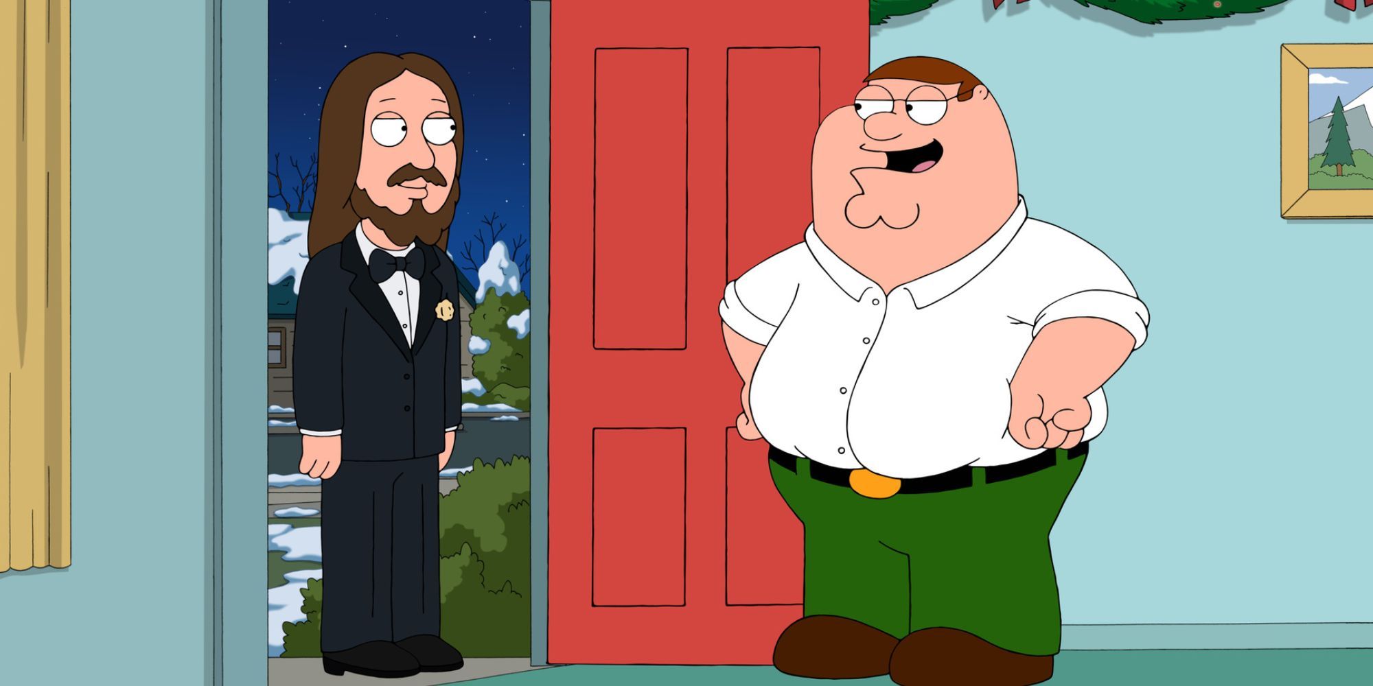 Peter standing in front of the front door greeting Jesus in Family Guy episode The 2000-Year-Old Virgin