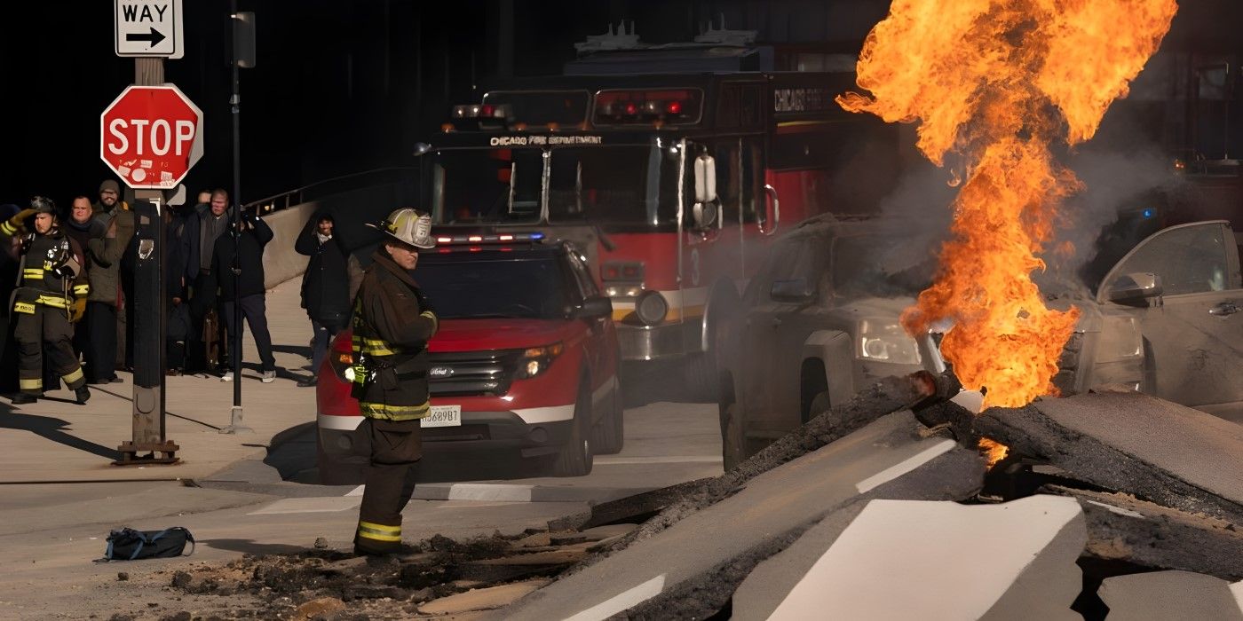 Firefighters arrive at the scene with fire from gas line in the foreground in the Chicago Fire episode "In the Trenches, Part I."