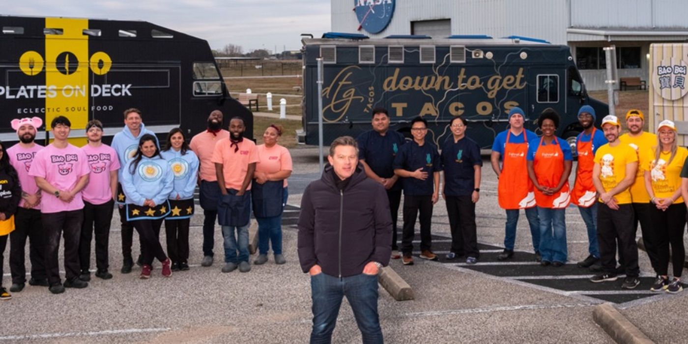 Great Food Truck Race host Tyler Florence with contestants