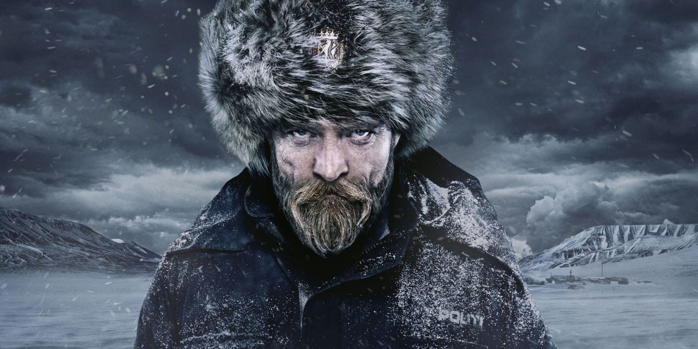Richard Dormer on the poster for Fortitude, wearing a fur cap and looking menacing in front of a snowy backdrop