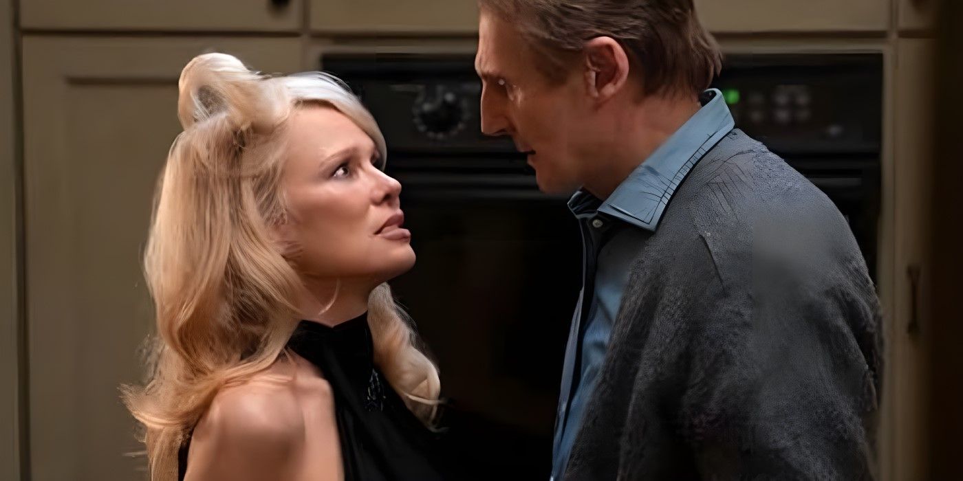 Frank Drebin Jr. (Liam Neeson) talking to Beth (Pamela Anderson) in The Naked Gun.