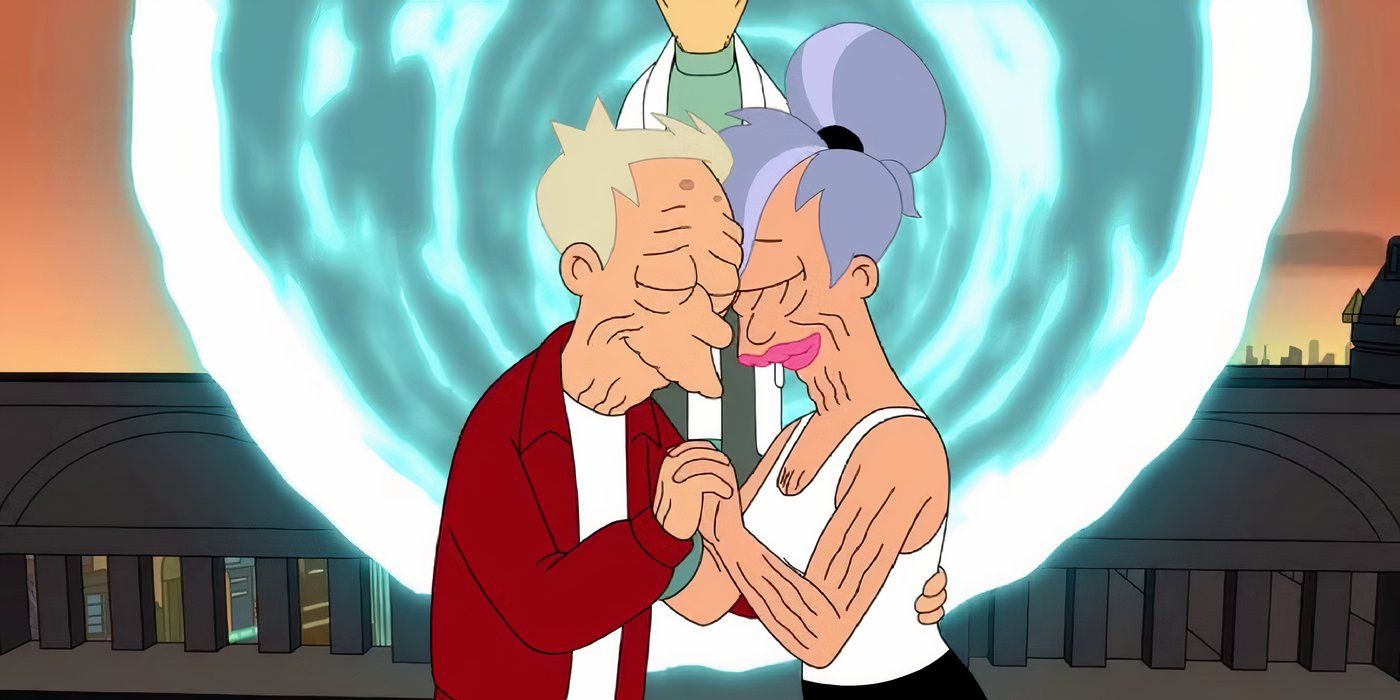 An old Fry and Leela hug each other before entering a portal in 'Futurama'