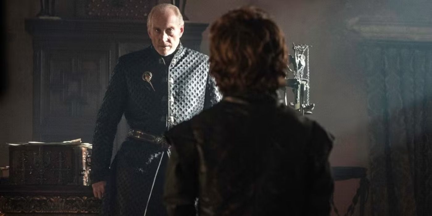 Charles Dance as Tywin Lannister faces Peter Dinklage as Tyrion Lannister in Game of Thrones Season 3.
