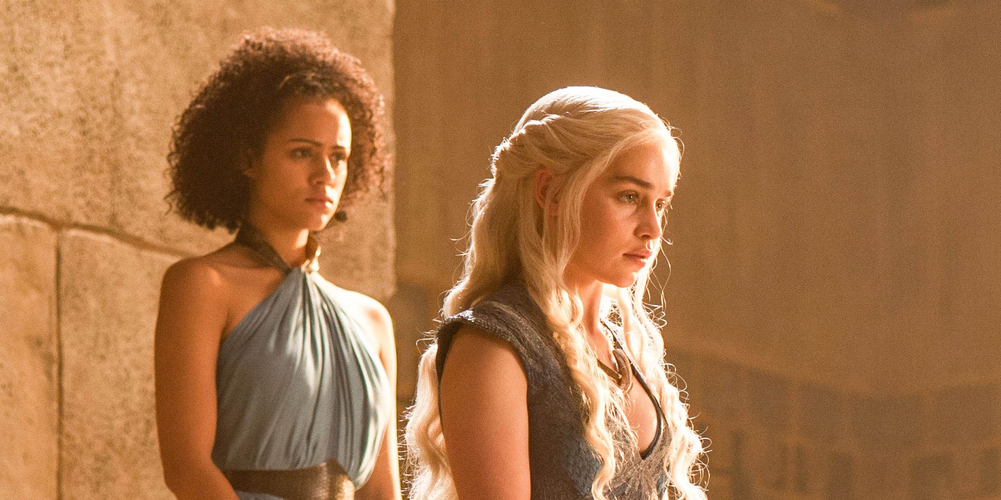 Missandei (Nathalie Emmanuel) and Daenerys (Emilia Clarke) in Game of Thrones