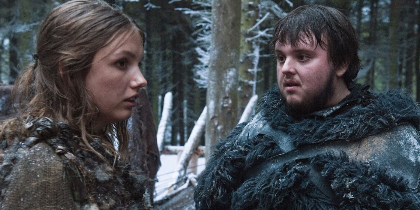 Samwell Tarly and Gilly stand in a snowy forest