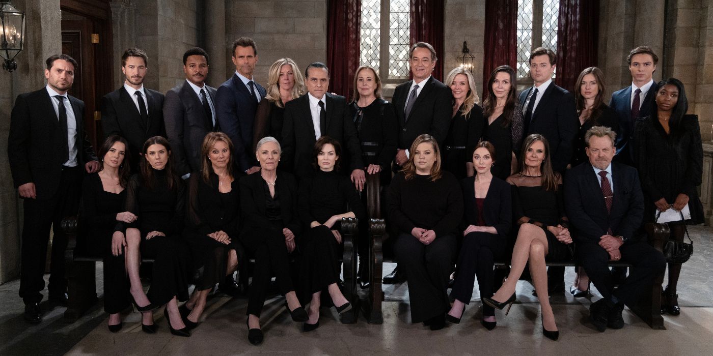 O elenco da temporada 61 do Hospital Geral, usando preto e sentado em uma igreja escura.