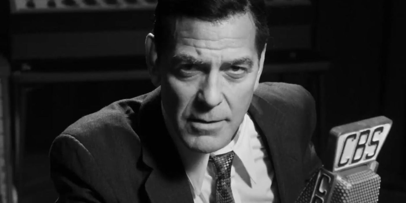 George Clooney staring into the camera in a black and white image from Good Night and Good Luck.