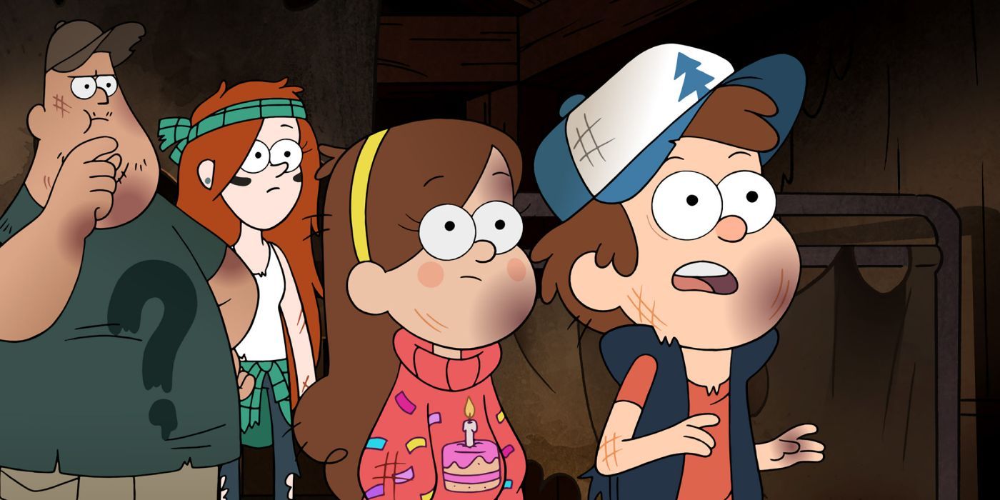 The cast of Gravity Falls in a cave during the Weirdmageddon finale.