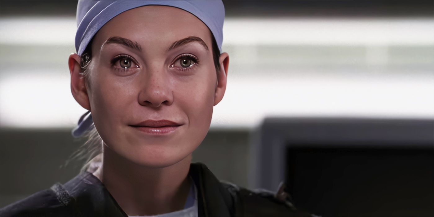 Meredith Grey (Ellen Pompeo) with tears in her eyes in Grey's Anatomy.
