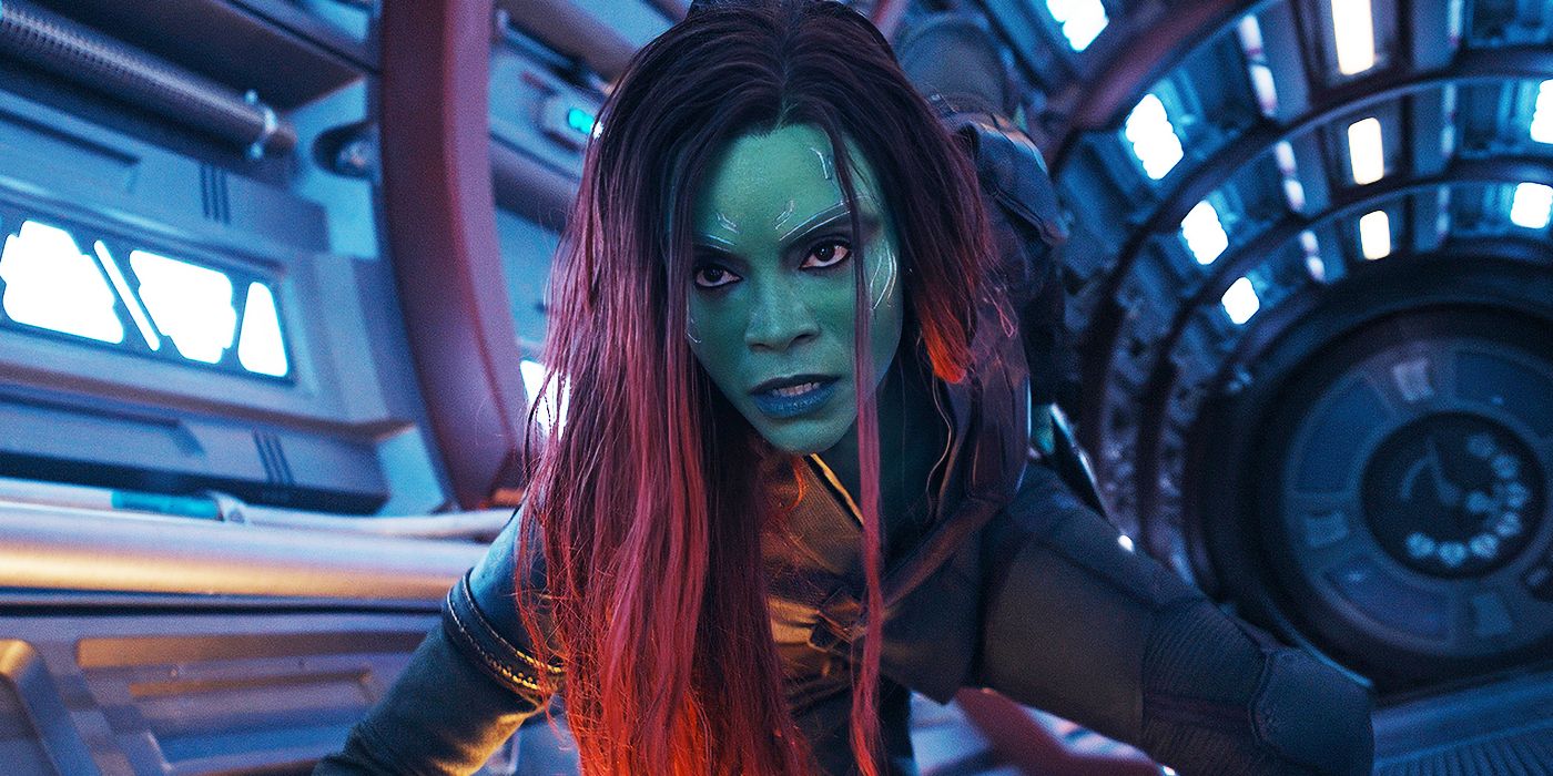 Gamora getting up off the ground in Guardians of the Galaxy Vol. 3.