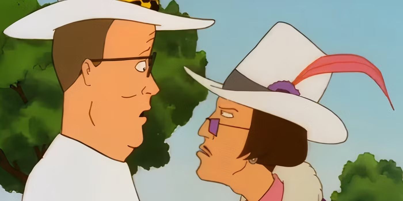 Hank Hill and Alabaster Jones stare at each other in King of the Hill.