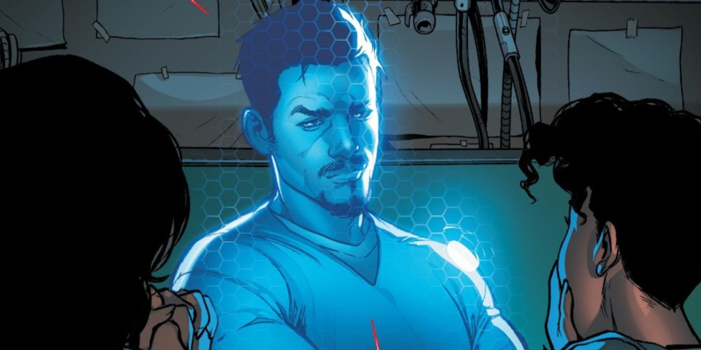 A hologram Tony Stark looking at Riri Williams in Marvel Comics.