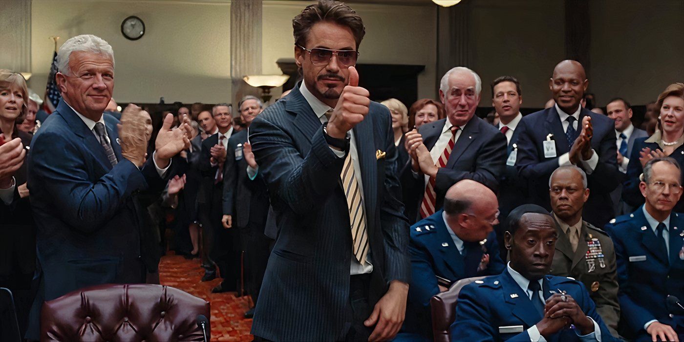 Robert Downey Jr. as Tony Stark giving a thumbs up in Iron Man 2.