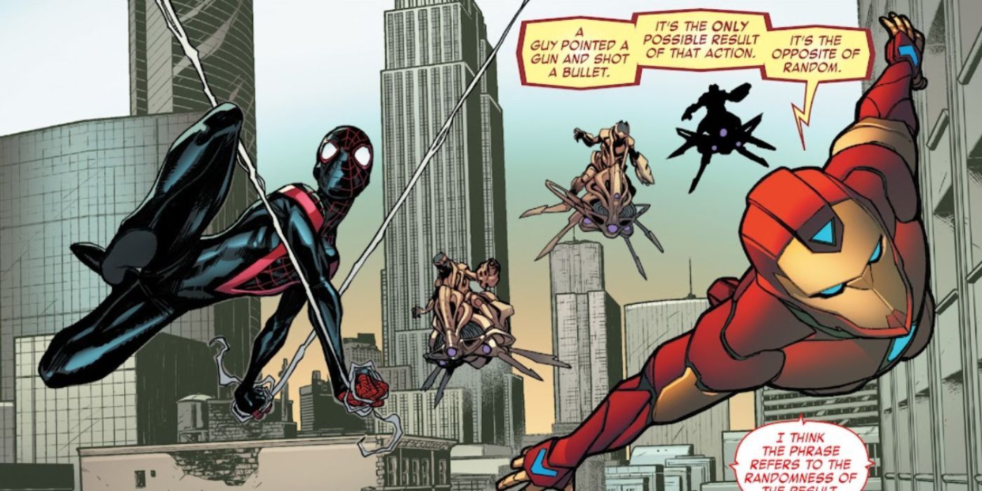 Ironheart flying and Spider-Man swinging away from aliens in Marvel Comics.