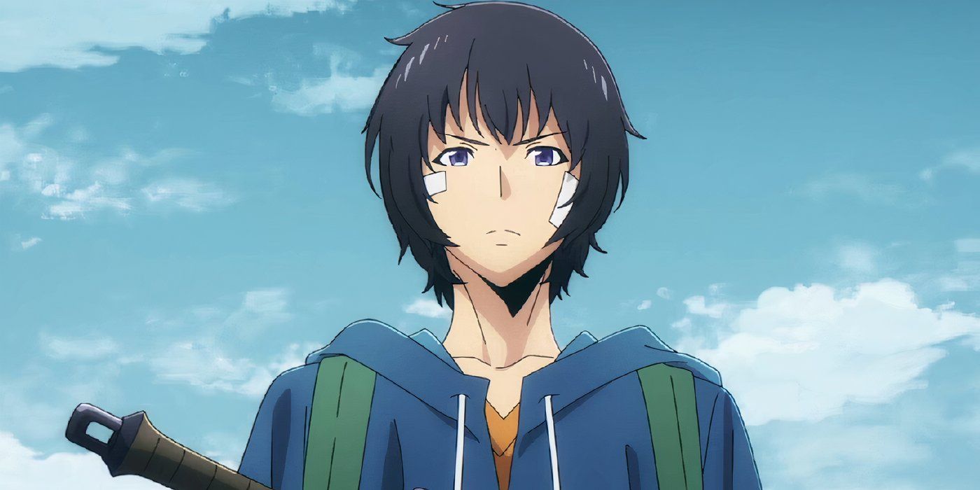 Jin Woo looking serious with a blue sky behind in 'Solo Leveling' Season 1.