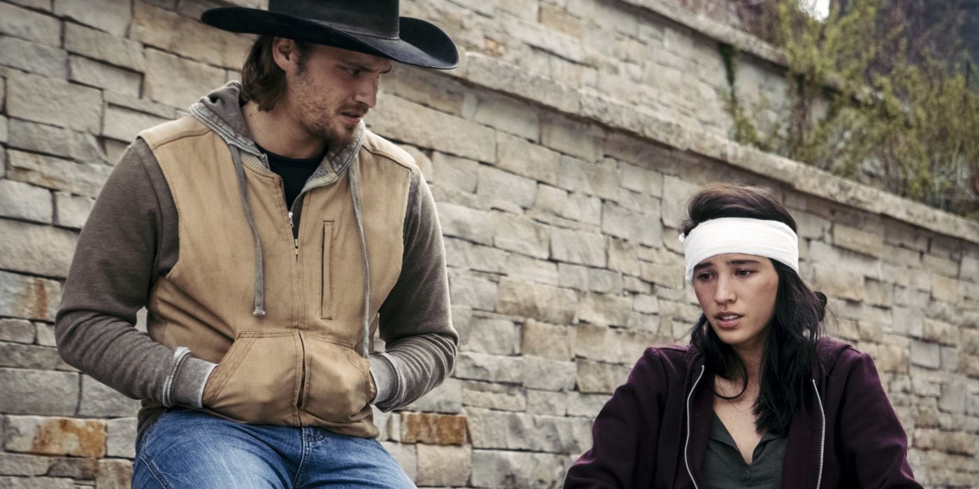 Kayce and Monica talk as Monica sits in a wheelchair with a bandaged head in Yellowstone Season 1, Episode 8.