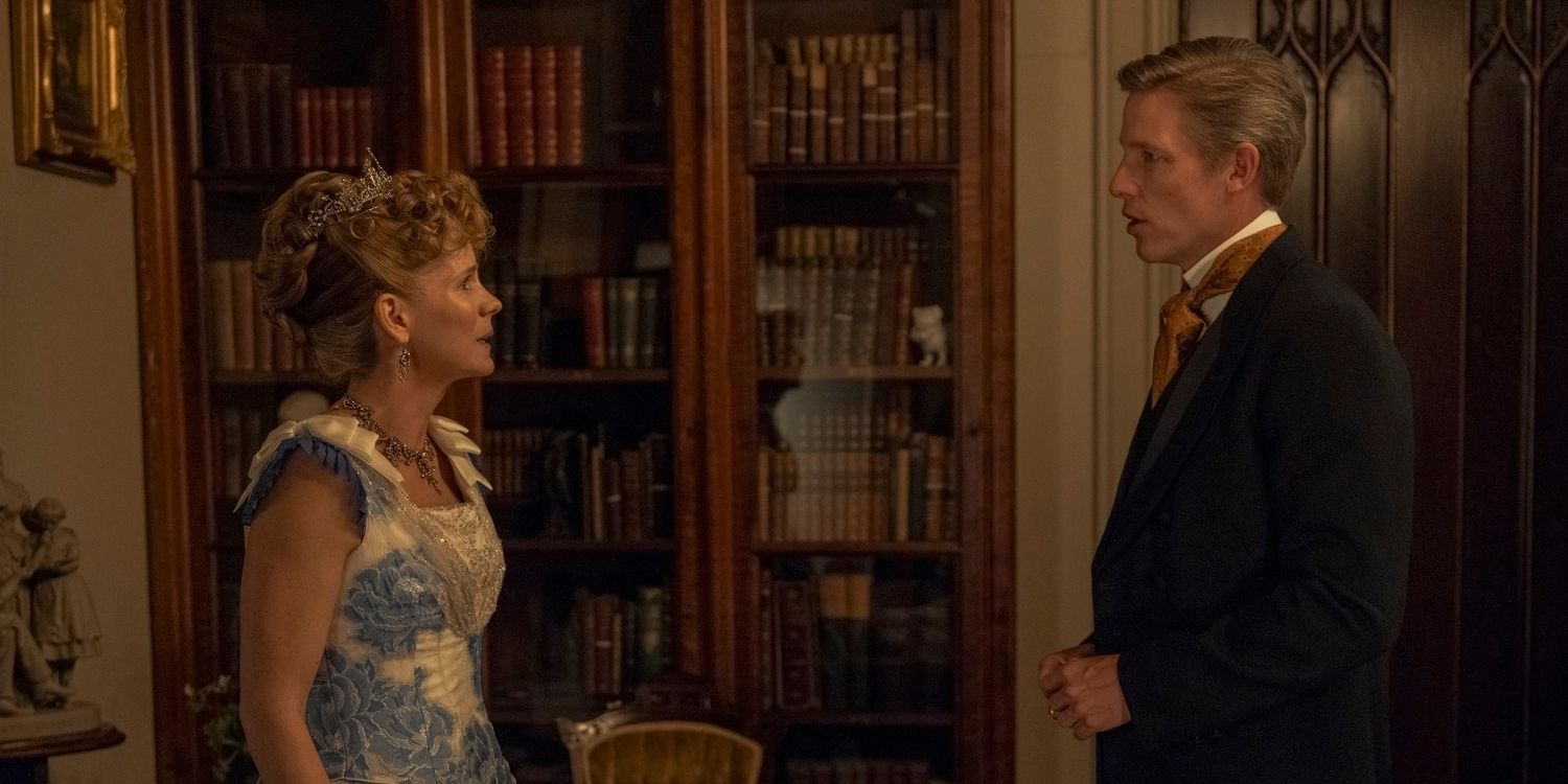 Aurora (Kelli O'Hara) discutindo com Charles (Ward Horton) na terceira temporada da Idade Dourada