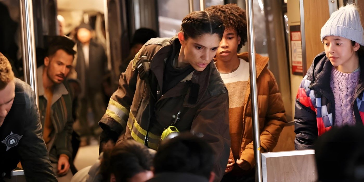Kidd (Miranda Rae Mayo) walks through a subway car in the Chicago Fire episode "In the Trenches, Part I."