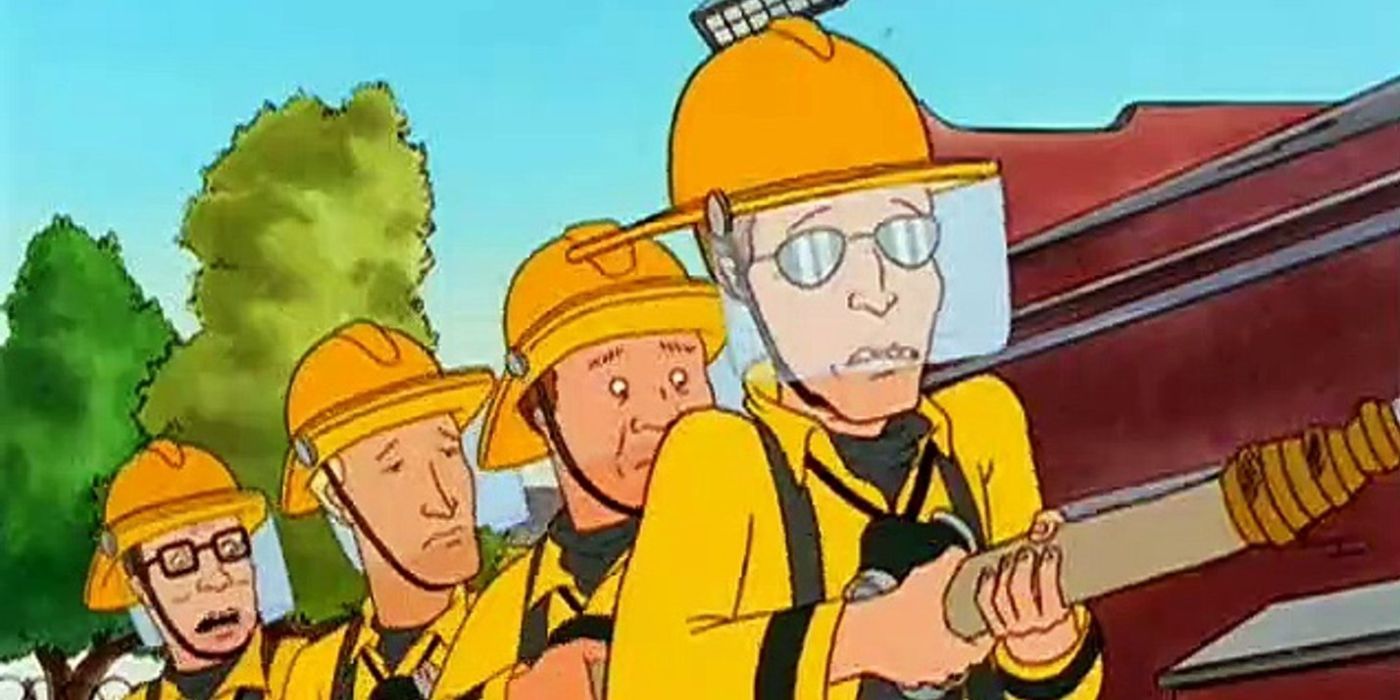 Hank and others in firefighters' uniforms hold onto a long water hose together in King of the Hill.
