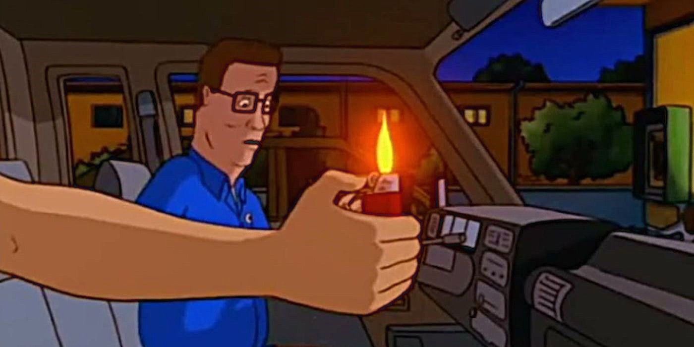 Hank looks anxious as a hand holds a lighter outside his car in King of the Hill episode High Anxiety.