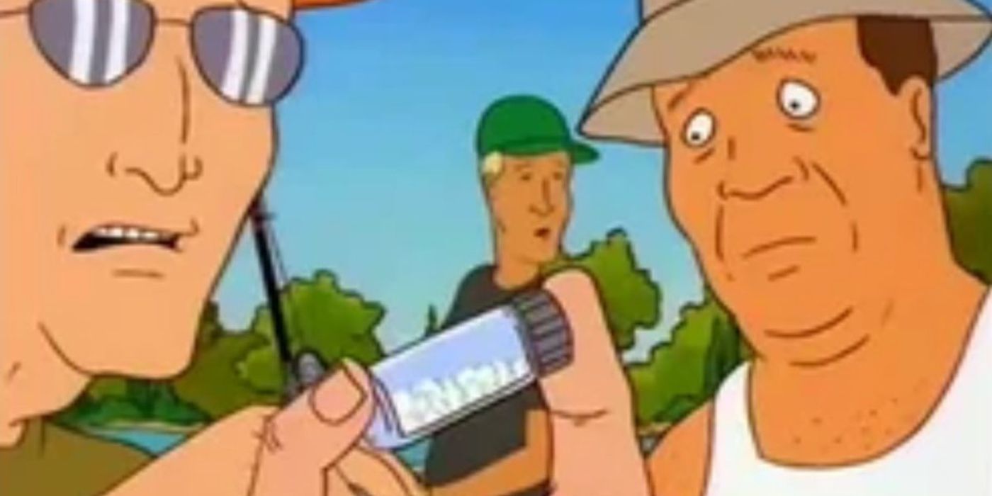 Three people examine a small vial with a white substance in it in King of the Hill.