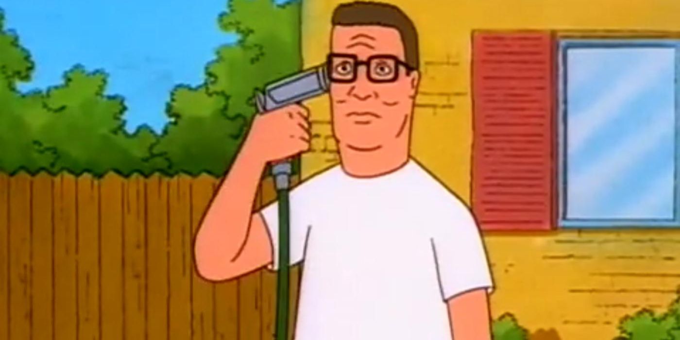 Hank holds a water hose spicket up to his temple in King of the Hill episode Three Days Of The Kahndo.