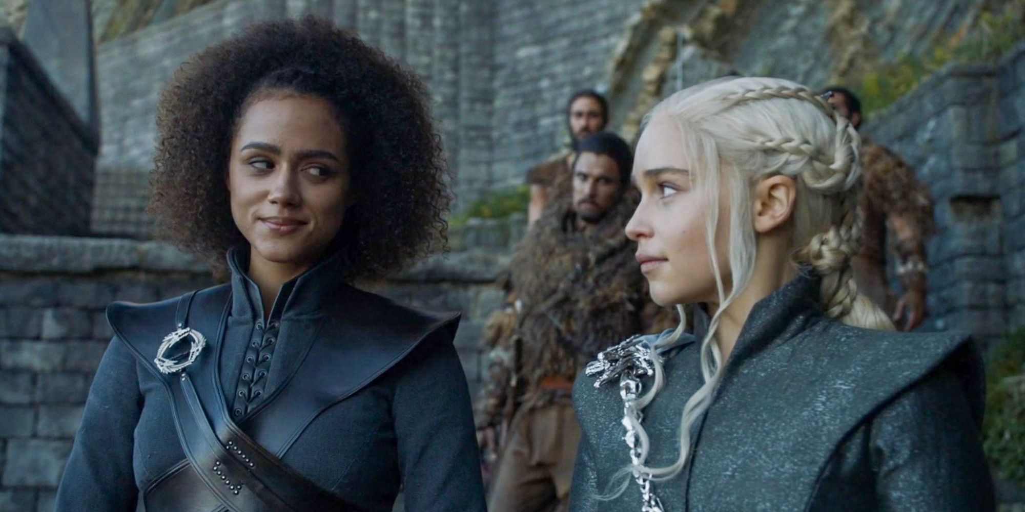 Missandei (Nathalie Emmanuel) and Daenerys (Emilia Clarke) sharing a look in Game of Thrones