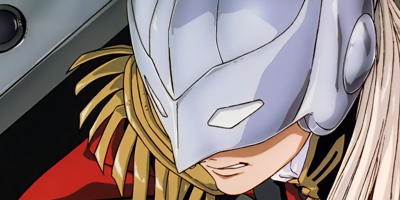 A character wearing a helmet and grimacing in Mobile Suit Gundam Wing.