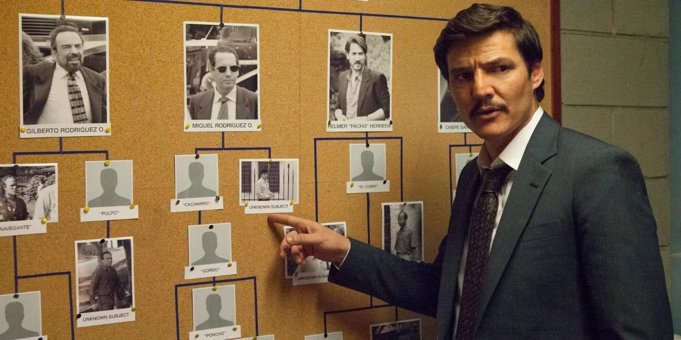 Pedro Pascal as Javier Pena, examining a chart in his office, in an image from 'Narcos.'