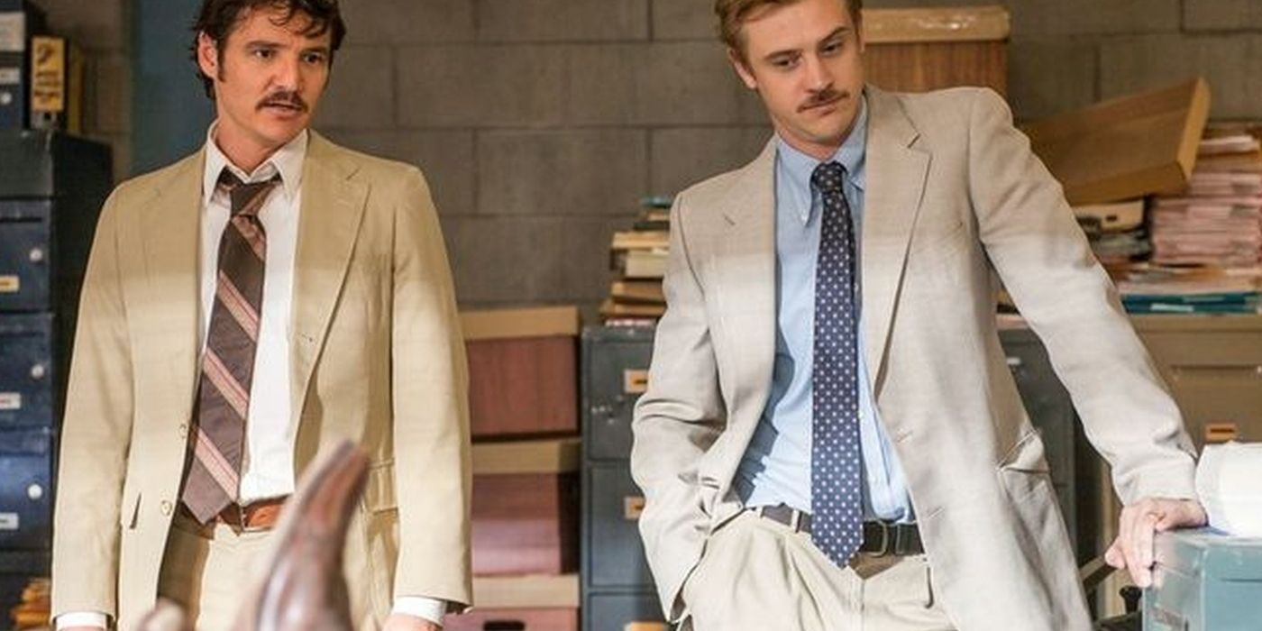 Pedro Pascal as Javier Pena, standing beside Boyd Holbrook as Steve Murphy, in an image from 'Narcos.'