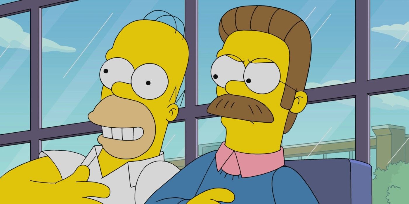 Ned Flandres (Harry Shearer) parecendo irritado com um sorridente Homer (Dan Castellaneta) sentado ao lado dele nos Simpsons ' "Os flandshees de Innersimpson."