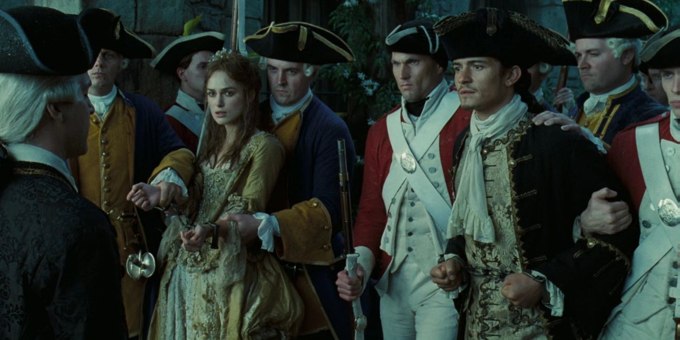 Elizabeth (Keira Knightley) and Will (Orlando Bloom) arrested in 'Pirates of the Caribbean: Dead Man's Chest'
