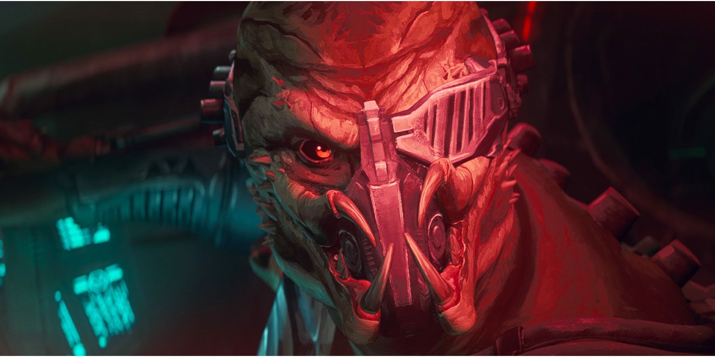 Close-up still of a Predator in red lighting in Predator: Killer of Killers