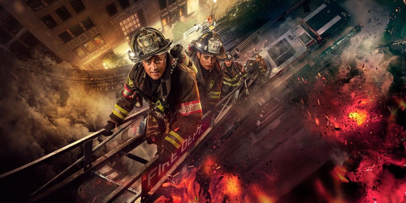 Promotional image for Chicago Fire features firefighters, led by Severide (Taylor Kinney), climbing a ladder as fire rages below.