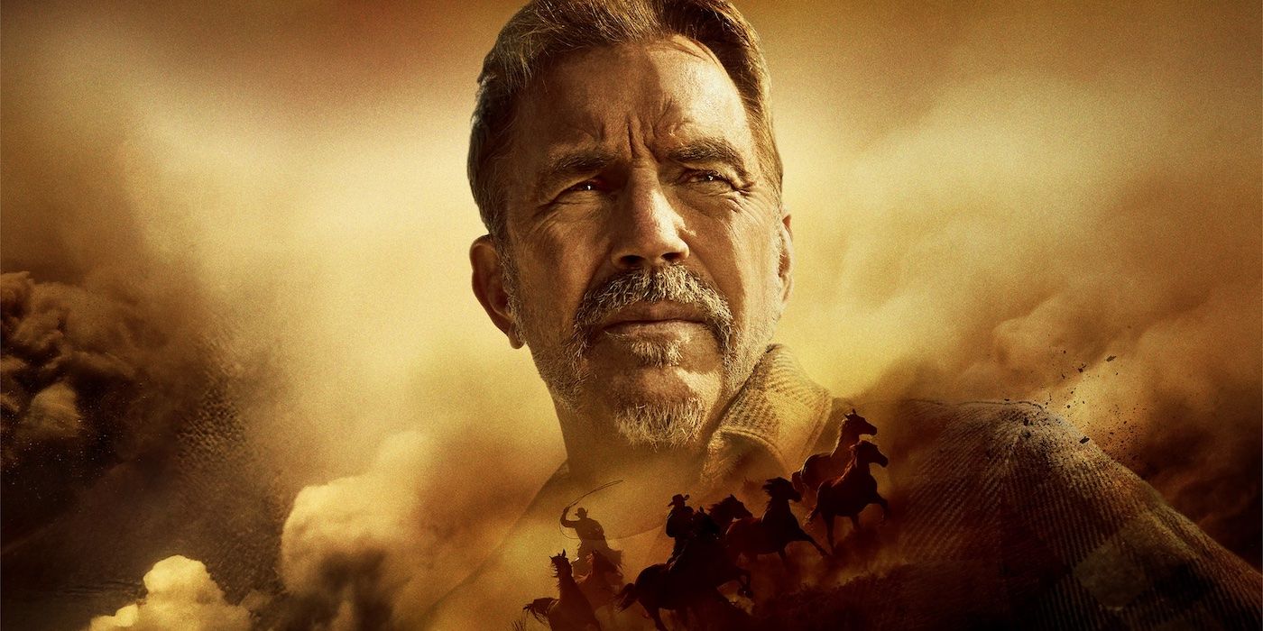 Imagem promocional para o oeste de Kevin Costner, mostrando Kevin Costner com cavalos estampados sobrepostos abaixo.
