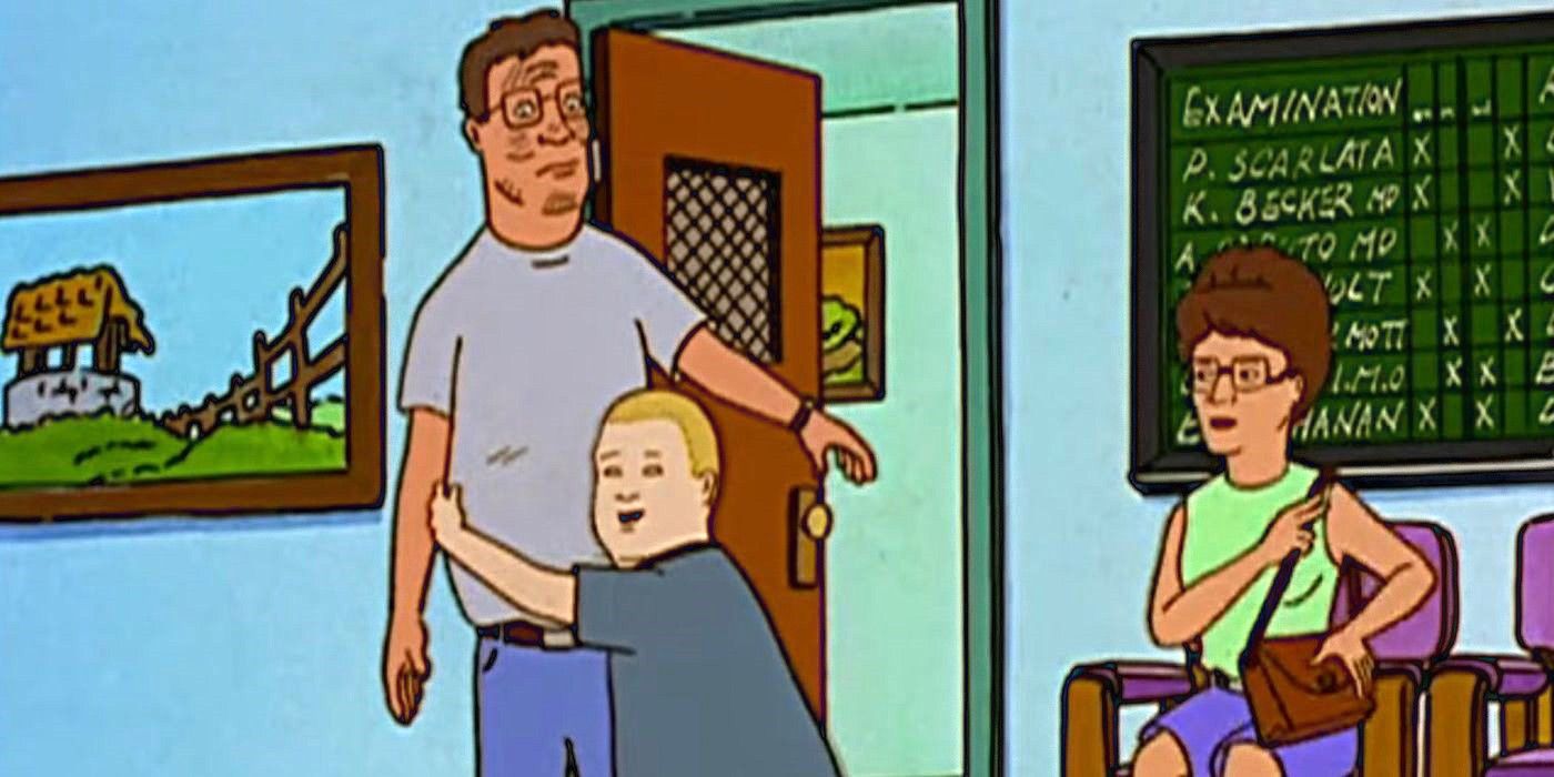 Bobby embraces Hank after he survives an explosion on 'King of the Hill.'