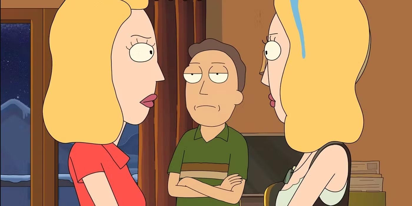 Jerry watches an argument between Beth and Space Beth in a scene from 'Rick and Morty.'
