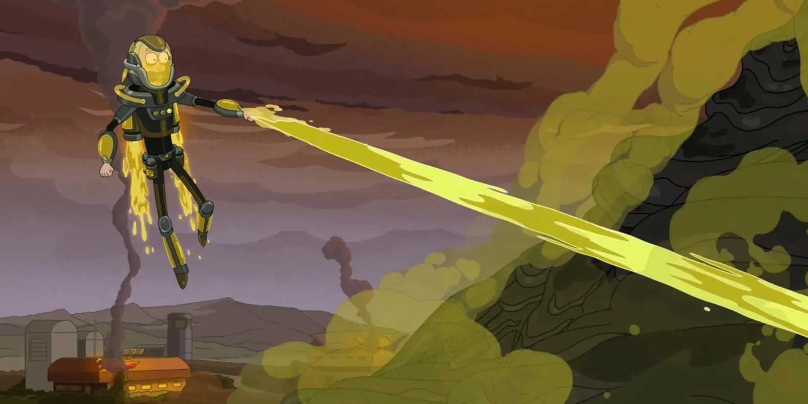 Rick firing a blast of urine while wearing a mechanized suit in the Rick and Morty episode Analyze Piss.