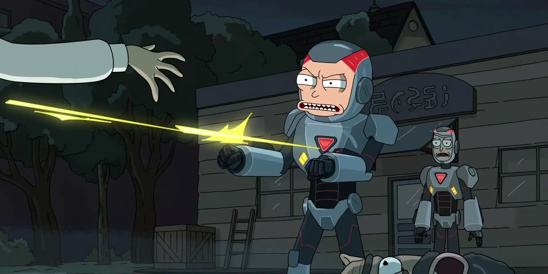 Morty shoots bullets at someone from inside a mecha suit in Rick and Morty's Look Who's Purging Now.