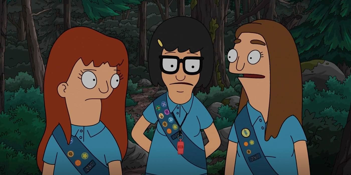 Tina Belcher (Dan Mintz) is worried as she stands in the middle of fellow Thundergirls in Season 15, Episode 14 of Bob's Burgers.