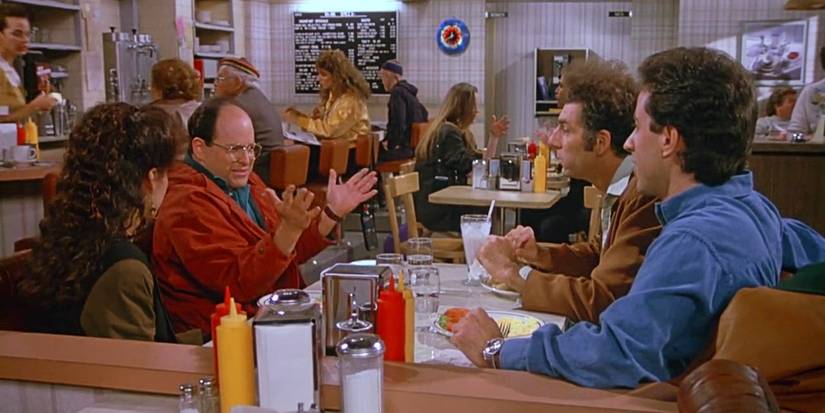Elaine Benes, George Constanza, Cosmo Kramer, and Jerry Seinfeld eating lunch in Seinfeld "The Contest".