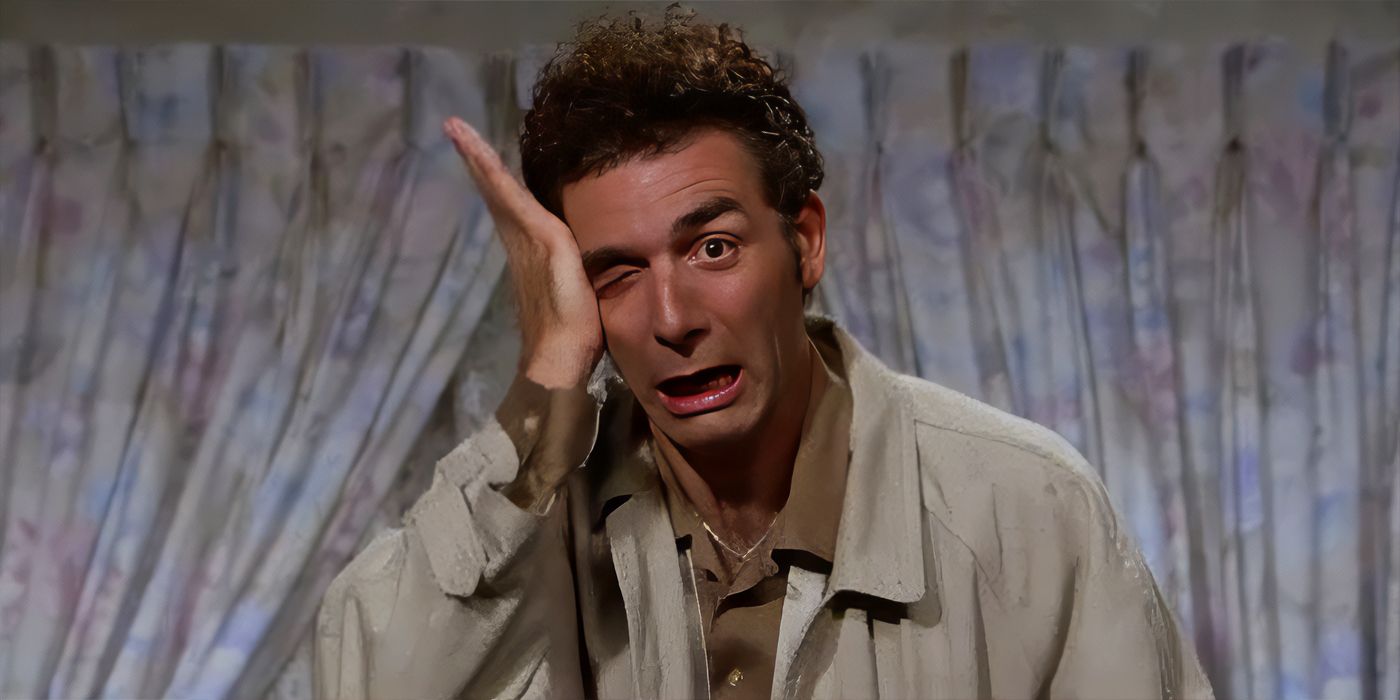 Kramer (Michael Richards) parecendo estressado no episódio 'Seinfeld' "O cachorro."