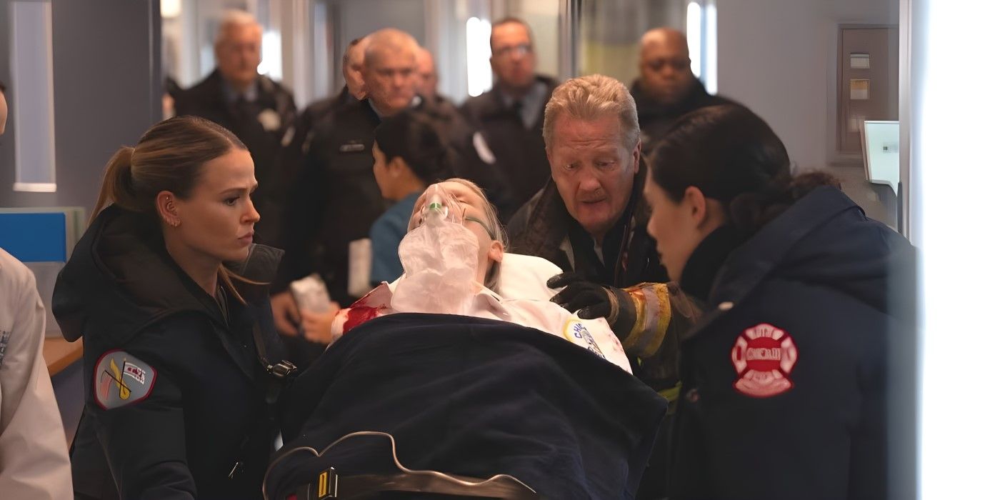 Sergeant Trudy Platt (Amy Morton) is wheeled into Med in the Chicago Fire episode "In the Trenches, Part I."