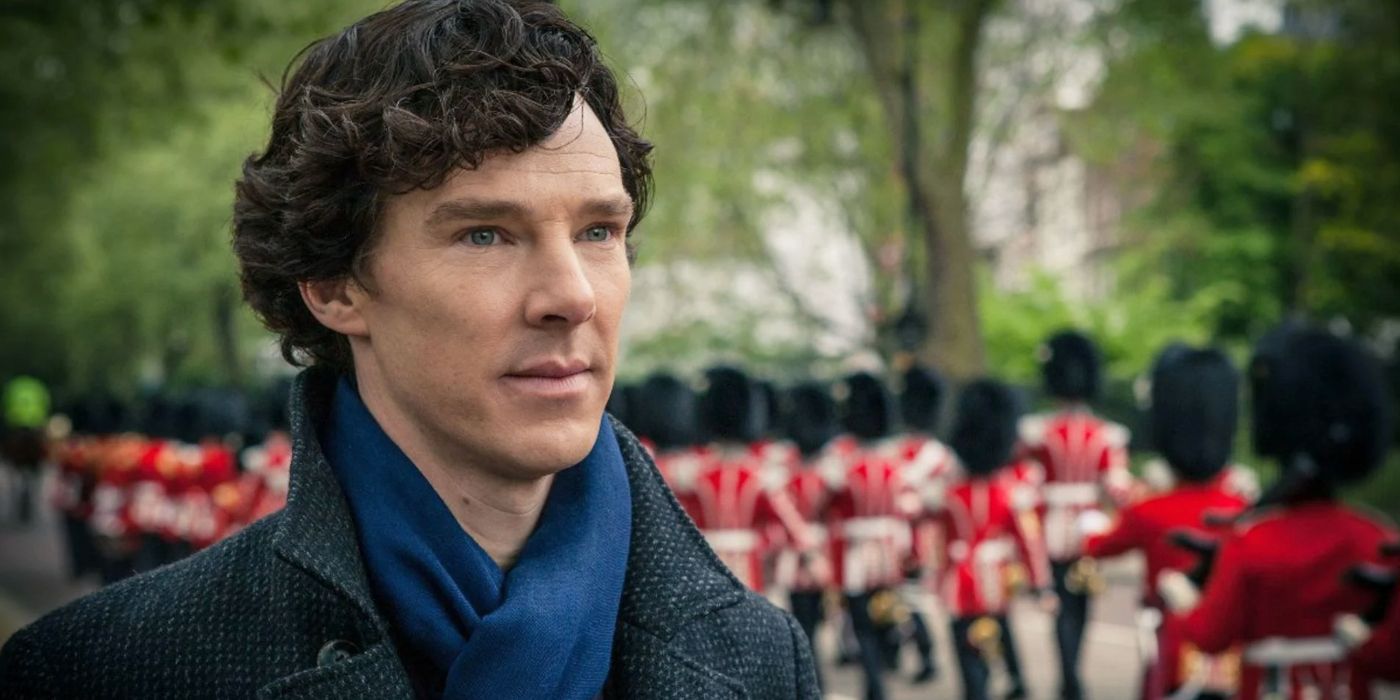 Benedict Cumberbatch as Sherlock Holmes in Sherlock, standing in a park with members of the Royal Guard behind him.