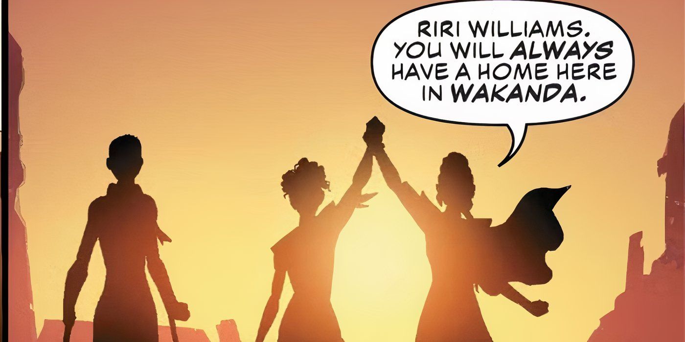 Shuri holding up Riri Williams' hand in Marvel Comics Ironheart.