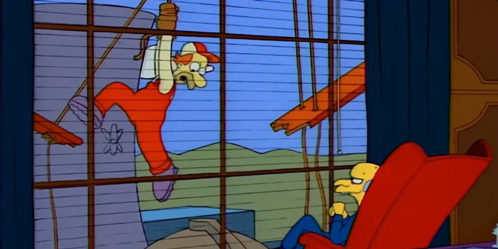 Mr Burns laughs from a chair watching a window cleaner hanging onto a rope trying not to fall in The Simpsons.