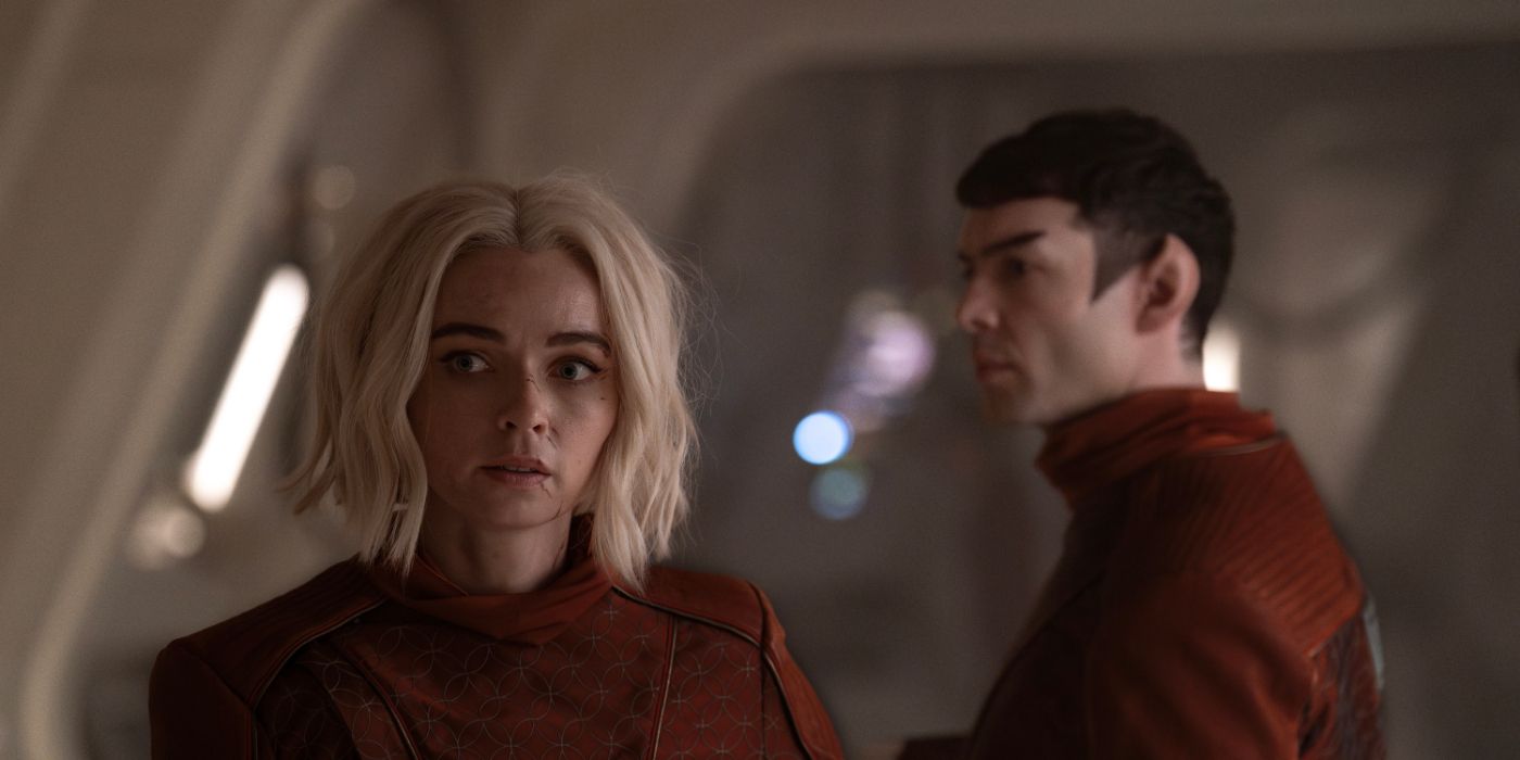 Jess Bush and Ethan Peck as Chapel and Spock in Season 3 of Star Trek: Strange New Worlds