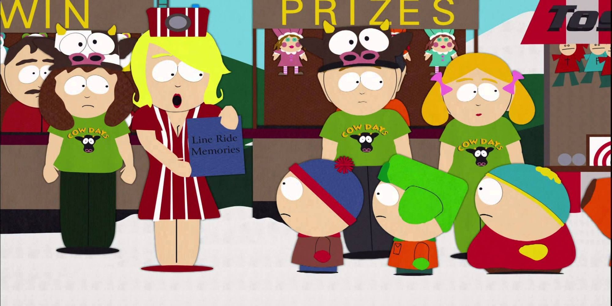 Still from "South Park" Season 2, Episode 13 of the characters in line at a carnival.